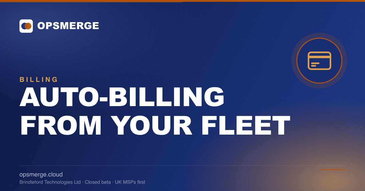 OpsMerge invoice editor showing auto-counted assets, recurring contract lines and a Push to QuickBooks button for MSP billing