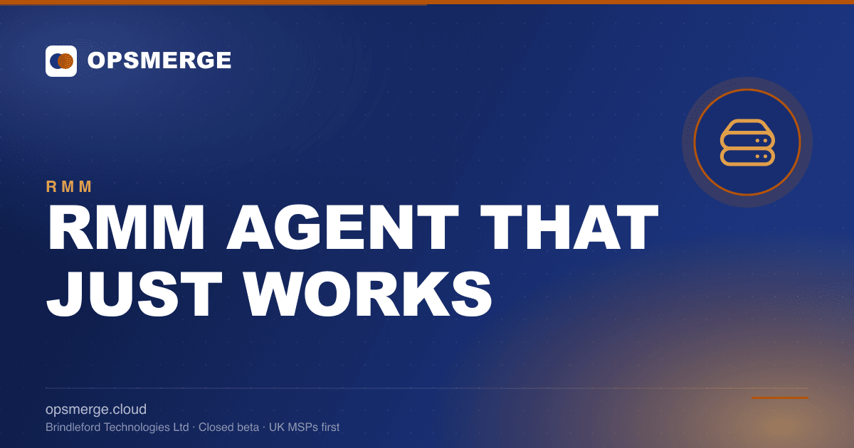 OpsMerge live agent fleet view showing Windows, macOS and Linux endpoints reporting in one MSP RMM dashboard