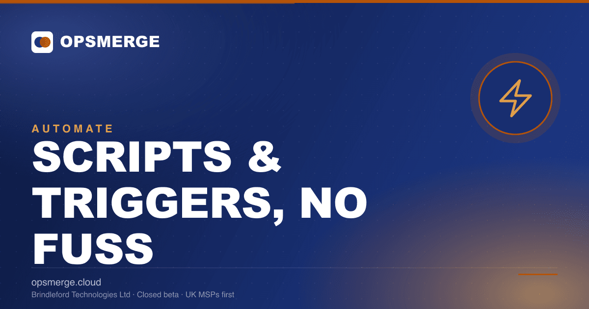 OpsMerge script editor showing PowerShell, Bash and Python automation runs across an MSP fleet